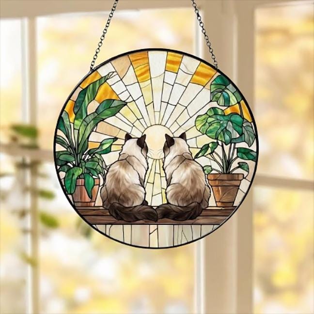 Custom Couple Himalayan cats Glass Suncatcher, Cat Plant Window Hanging, Cat Mom Gift, Cat Monstera Suncatcher, Plant Lover Gift