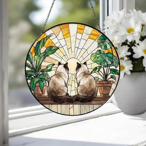 Custom Couple Himalayan cats Glass Suncatcher, Cat Plant Window Hanging, Cat Mom Gift, Cat Monstera Suncatcher, Plant Lover Gift - image 4