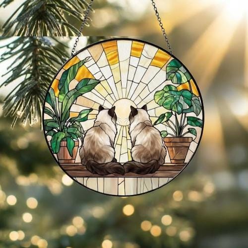 Custom Couple Himalayan cats Glass Suncatcher, Cat Plant Window Hanging, Cat Mom Gift, Cat Monstera Suncatcher, Plant Lover Gift - image 2