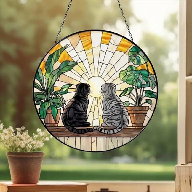 Custom Couple Scottish Fold cat Glass Suncatcher, Cat Plant Window Hanging, Cat Mom Gift, Cat Monstera Suncatcher, Plant Lover Gift