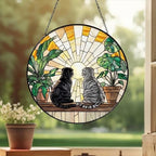 Custom Couple Scottish Fold cat Glass Suncatcher, Cat Plant Window Hanging, Cat Mom Gift, Cat Monstera Suncatcher, Plant Lover Gift