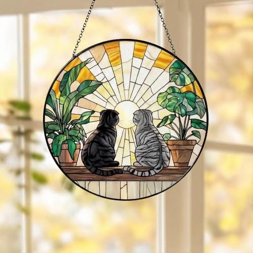 Custom Couple Scottish Fold cat Glass Suncatcher, Cat Plant Window Hanging, Cat Mom Gift, Cat Monstera Suncatcher, Plant Lover Gift - image 5