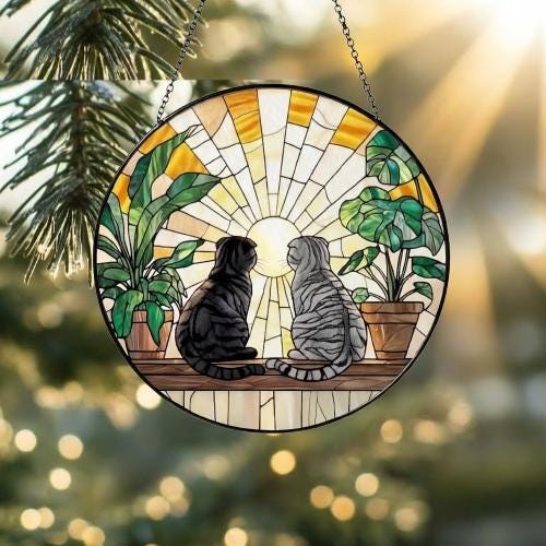 Custom Couple Scottish Fold cat Glass Suncatcher, Cat Plant Window Hanging, Cat Mom Gift, Cat Monstera Suncatcher, Plant Lover Gift - image 2