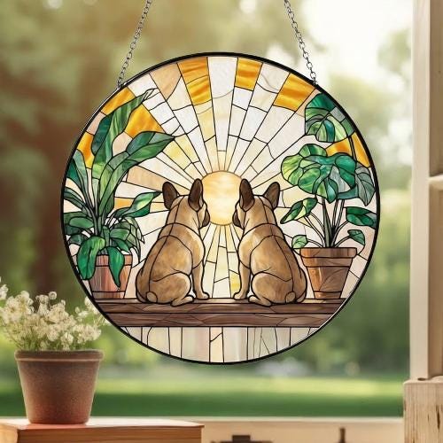 Custom Couple  French Bulldog dog Glass Suncatcher, dog Plant Window Hanging, dog Mom Gift, dog Monstera Suncatcher, Plant Lover Gift - image 3
