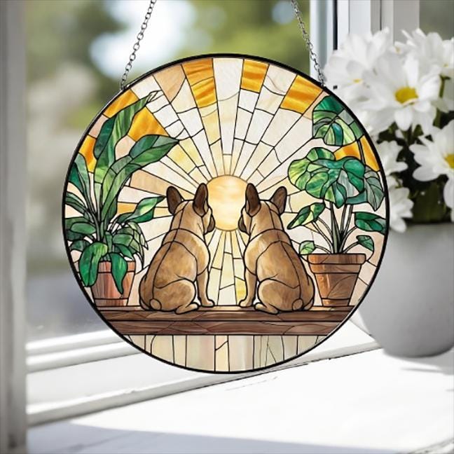 Custom Couple  French Bulldog dog Glass Suncatcher, dog Plant Window Hanging, dog Mom Gift, dog Monstera Suncatcher, Plant Lover Gift
