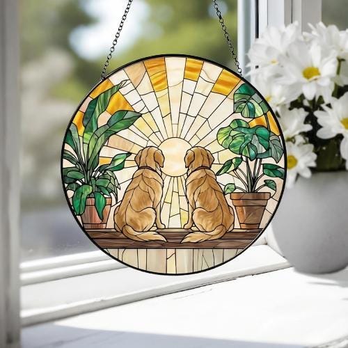 Custom Couple  Golden Retriever  dog Glass Suncatcher, dog Plant Window Hanging, dog Mom Gift, dog Monstera Suncatcher, Plant Lover Gift - image 4