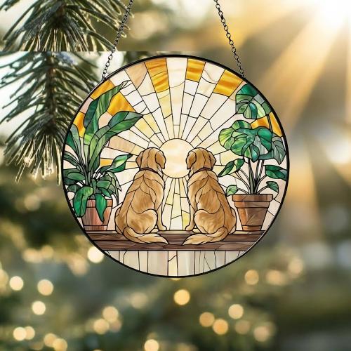 Custom Couple  Golden Retriever  dog Glass Suncatcher, dog Plant Window Hanging, dog Mom Gift, dog Monstera Suncatcher, Plant Lover Gift - image 2