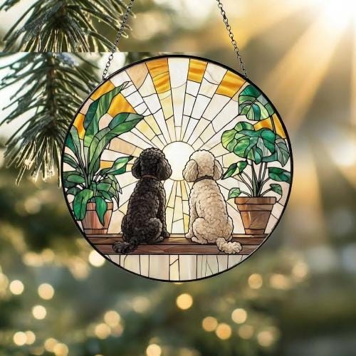Custom Couple  Poodle  dog Glass Suncatcher, dog Plant Window Hanging, dog Mom Gift, dog Monstera Suncatcher, Plant Lover Gift - image 2