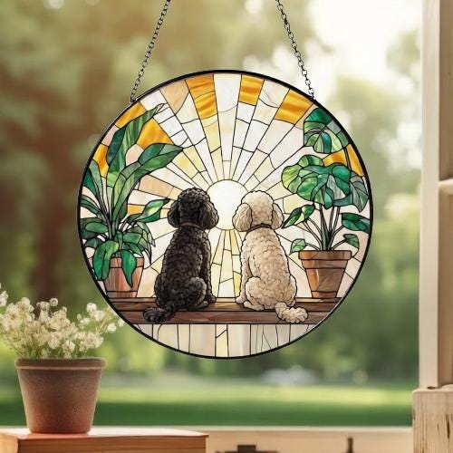 Custom Couple  Poodle  dog Glass Suncatcher, dog Plant Window Hanging, dog Mom Gift, dog Monstera Suncatcher, Plant Lover Gift - image 3
