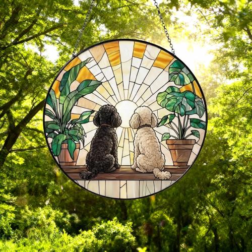 Custom Couple  Poodle  dog Glass Suncatcher, dog Plant Window Hanging, dog Mom Gift, dog Monstera Suncatcher, Plant Lover Gift - image 5