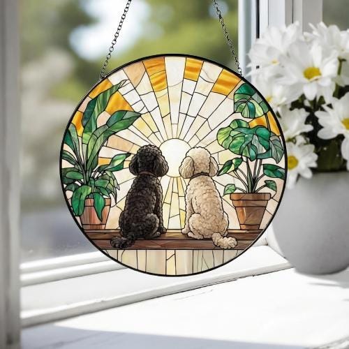 Custom Couple  Poodle  dog Glass Suncatcher, dog Plant Window Hanging, dog Mom Gift, dog Monstera Suncatcher, Plant Lover Gift - image 4
