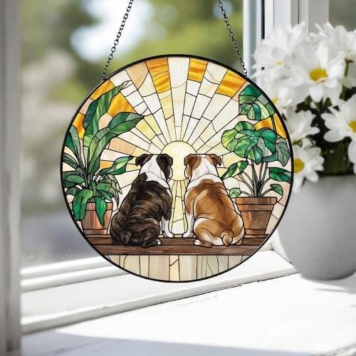 Custom Couple  Bulldog dog Glass Suncatcher, dog Plant Window Hanging, dog Mom Gift, dog Monstera Suncatcher, Plant Lover Gift - image 4
