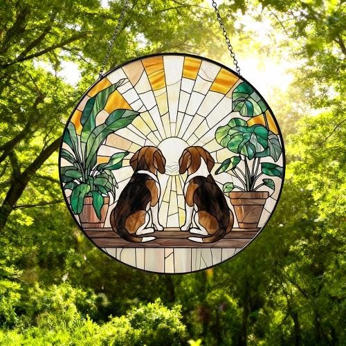 Custom Couple  Beagle dog Glass Suncatcher, dog Plant Window Hanging, dog Mom Gift, dog Monstera Suncatcher, Plant Lover Gift - image 5