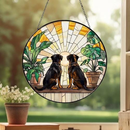 Custom Couple Rottweiler dog Glass Suncatcher, dog Plant Window Hanging, dog Mom Gift, dog Monstera Suncatcher, Plant Lover Gift - image 3
