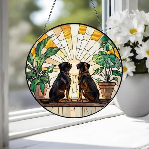 Custom Couple Rottweiler dog Glass Suncatcher, dog Plant Window Hanging, dog Mom Gift, dog Monstera Suncatcher, Plant Lover Gift - image 4