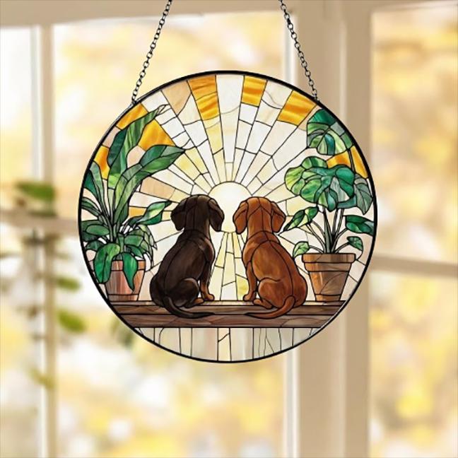 Custom Couple Dachshund dog Glass Suncatcher, dog Plant Window Hanging, dog Mom Gift, dog Monstera Suncatcher, Plant Lover Gift