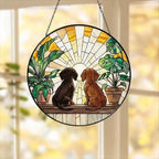 Custom Couple Dachshund dog Glass Suncatcher, dog Plant Window Hanging, dog Mom Gift, dog Monstera Suncatcher, Plant Lover Gift