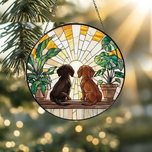 Custom Couple Dachshund dog Glass Suncatcher, dog Plant Window Hanging, dog Mom Gift, dog Monstera Suncatcher, Plant Lover Gift - image 2