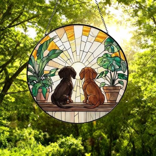 Custom Couple Dachshund dog Glass Suncatcher, dog Plant Window Hanging, dog Mom Gift, dog Monstera Suncatcher, Plant Lover Gift - image 5