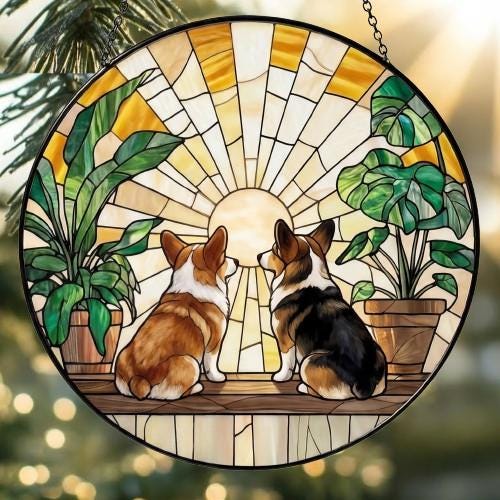 Custom Couple Pembroke Welsh Corgi  Glass Suncatcher, dog Plant Window Hanging, dog Mom Gift, dog Monstera Suncatcher, Plant Lover Gift - image 2