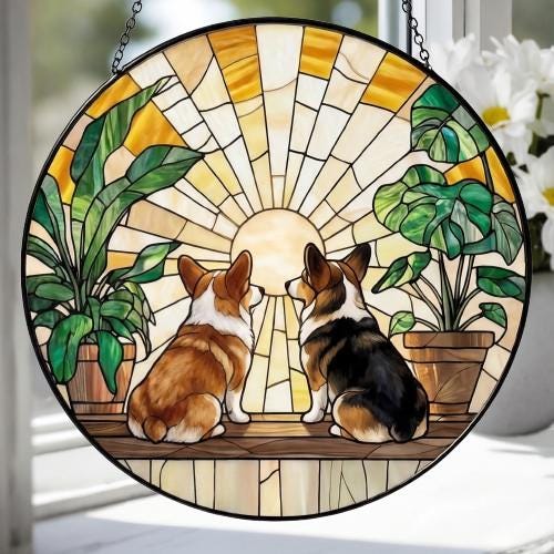 Custom Couple Pembroke Welsh Corgi  Glass Suncatcher, dog Plant Window Hanging, dog Mom Gift, dog Monstera Suncatcher, Plant Lover Gift - image 4