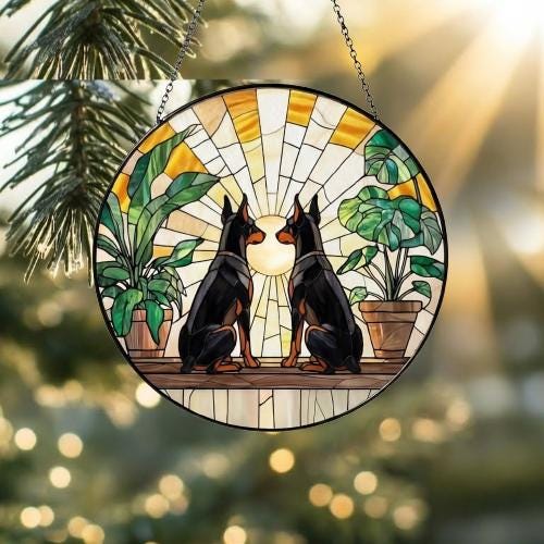 Custom Couple Doberman Pinscher dog  Glass Suncatcher, dog Plant Window Hanging, dog Mom Gift, dog Monstera Suncatcher, Plant Lover Gift - image 2