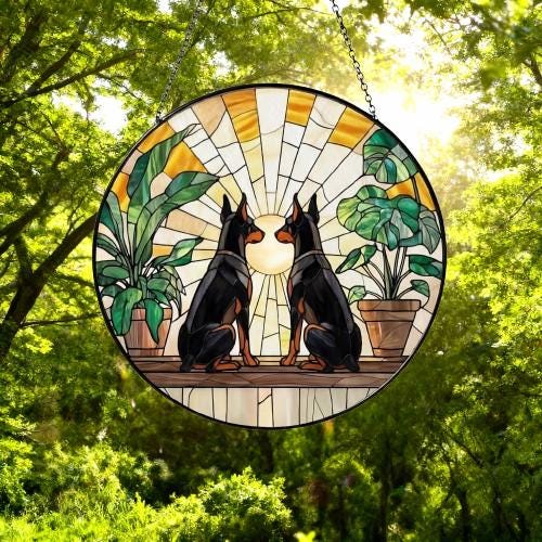 Custom Couple Doberman Pinscher dog  Glass Suncatcher, dog Plant Window Hanging, dog Mom Gift, dog Monstera Suncatcher, Plant Lover Gift - image 5
