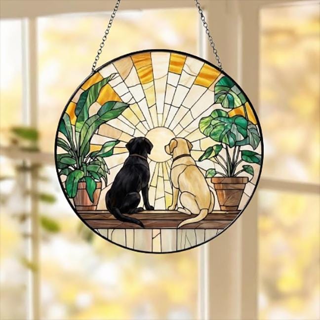 Custom Couple Labrador Retriever dog Glass Suncatcher, dog Plant Window Hanging, dog Mom Gift, dog Monstera Suncatcher, Plant Lover Gift