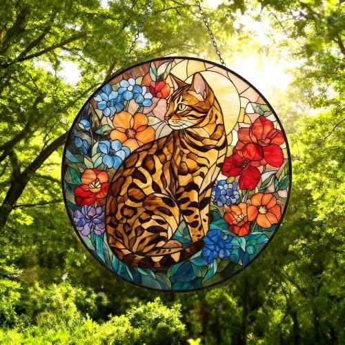 Custom Bengal Cat Suncatcher, Floral Grey Cat Window Hanging,  Cat Mom Gift, Unique Gift, Cat Lovers, Animal Decor - image 5