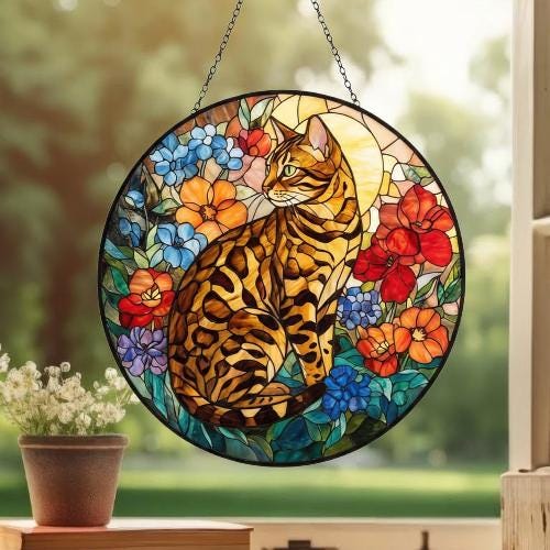Custom Bengal Cat Suncatcher, Floral Grey Cat Window Hanging,  Cat Mom Gift, Unique Gift, Cat Lovers, Animal Decor - image 3