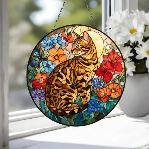 Custom Bengal Cat Suncatcher, Floral Grey Cat Window Hanging,  Cat Mom Gift, Unique Gift, Cat Lovers, Animal Decor - image 4