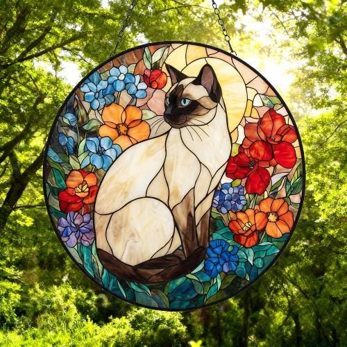 Custom Siamese Cat Suncatcher, Floral Grey Cat Window Hanging,  Cat Mom Gift, Unique Gift, Cat Lovers, Animal Decor - image 3