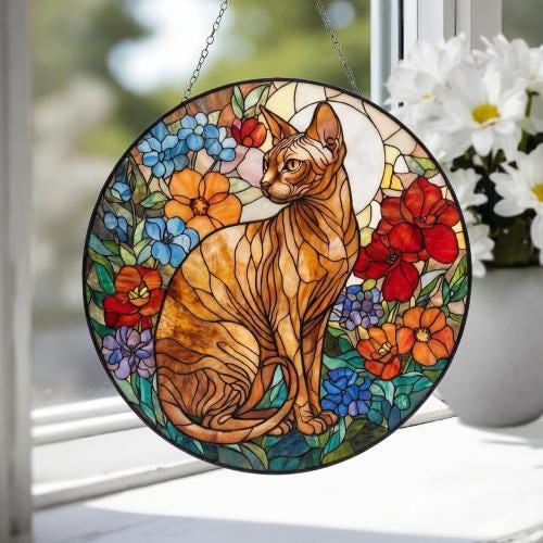 Custom Sphynx Cat Suncatcher, Floral Grey Cat Window Hanging,  Cat Mom Gift, Unique Gift, Cat Lovers, Animal Decor - image 3