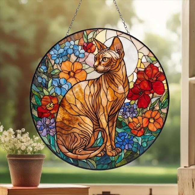Custom Sphynx Cat Suncatcher, Floral Grey Cat Window Hanging,  Cat Mom Gift, Unique Gift, Cat Lovers, Animal Decor