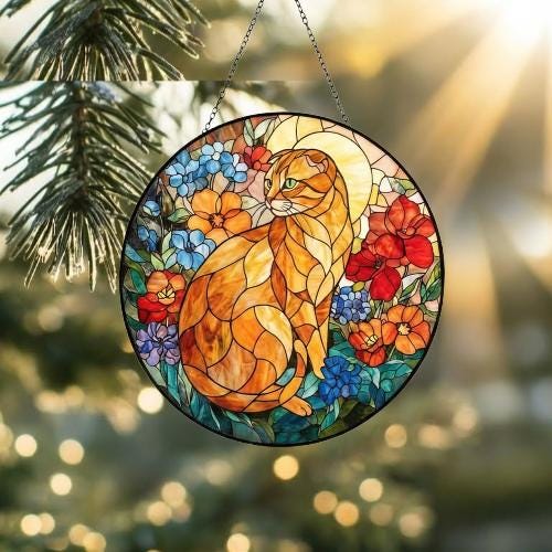 Custom Scottish Fold  Cat Suncatcher, Floral Grey Cat Window Hanging,  Cat Mom Gift, Unique Gift, Cat Lovers, Animal Decor - image 2