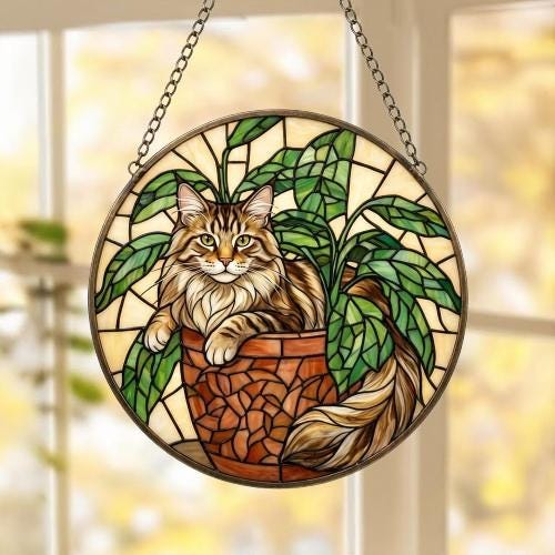 Custom Maine Coon Cat Stained Glass Window Hanging for Plant Lovers, Cozy Sunlit Home and Garden Decor, gift for cat lover - image 2