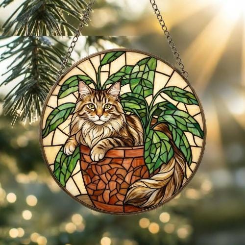 Custom Maine Coon Cat Stained Glass Window Hanging for Plant Lovers, Cozy Sunlit Home and Garden Decor, gift for cat lover - image 4