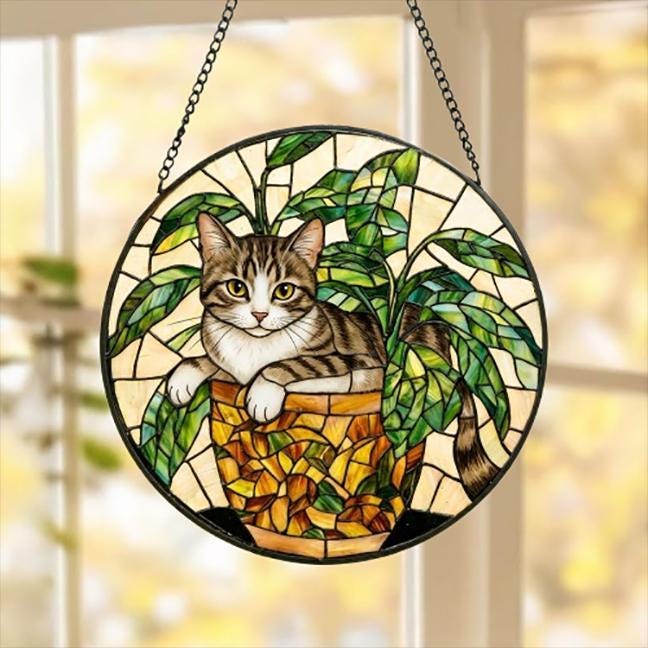 Custom Domestic Shorthair Cat Stained Glass Window Hanging for Plant Lovers, Cozy Sunlit Home and Garden Decor, gift for cat lover