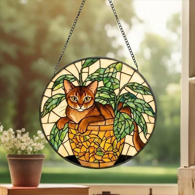 Custom Abyssinian  Cat Stained Glass Window Hanging for Plant Lovers, Cozy Sunlit Home and Garden Decor, gift for cat lover