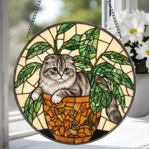 Custom Scottish Fold Cat Stained Glass Window Hanging for Plant Lovers, Cozy Sunlit Home and Garden Decor, gift for cat lover - image 3