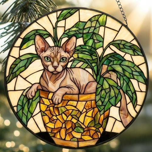 Custom Sphynx  Cat Stained Glass Window Hanging for Plant Lovers, Cozy Sunlit Home and Garden Decor, gift for cat lover - image 2