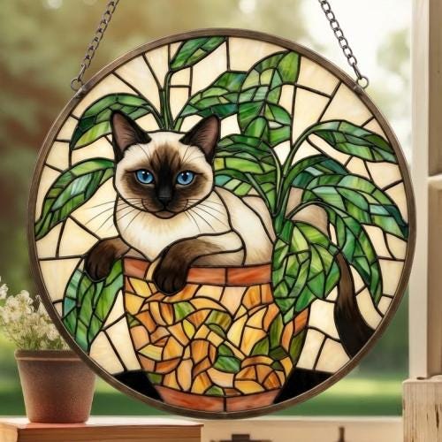 Custom Siamese Cat Stained Glass Window Hanging for Plant Lovers, Cozy Sunlit Home and Garden Decor, gift for cat lover - image 4