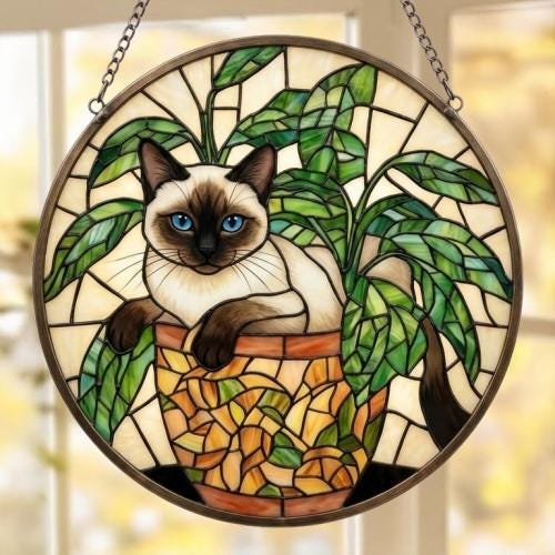 Custom Siamese Cat Stained Glass Window Hanging for Plant Lovers, Cozy Sunlit Home and Garden Decor, gift for cat lover - image 2