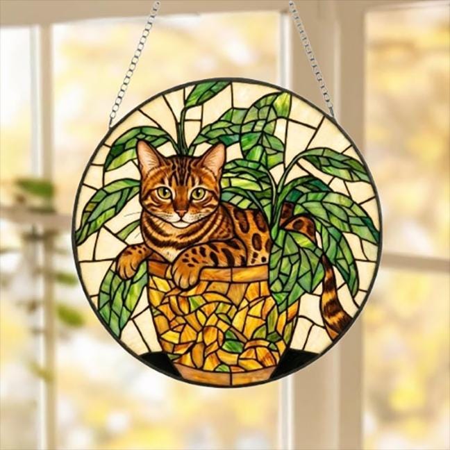 Custom Bengal  Cat Stained Glass Window Hanging for Plant Lovers, Cozy Sunlit Home and Garden Decor, gift for cat lover
