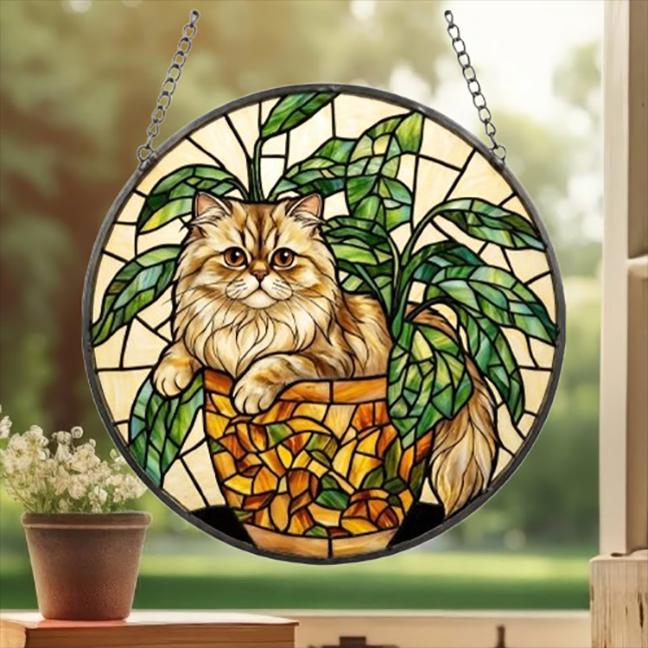 Custom Persian Cat Stained Glass Window Hanging for Plant Lovers, Cozy Sunlit Home and Garden Decor, gift for cat lover