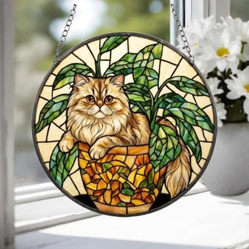 Custom Persian Cat Stained Glass Window Hanging for Plant Lovers, Cozy Sunlit Home and Garden Decor, gift for cat lover - image 3