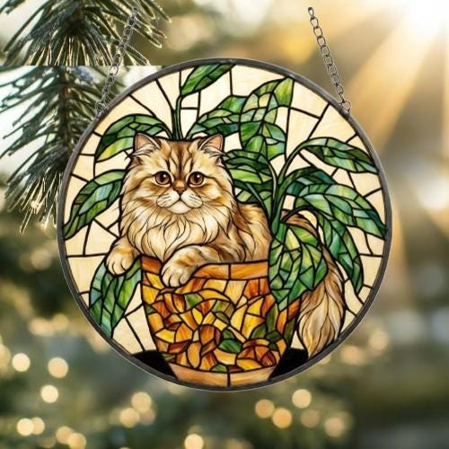 Custom Persian Cat Stained Glass Window Hanging for Plant Lovers, Cozy Sunlit Home and Garden Decor, gift for cat lover - image 2