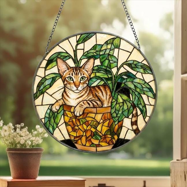 Custom Oriental Shorthair Cat Stained Glass Window Hanging for Plant Lovers, Cozy Sunlit Home and Garden Decor, gift for cat lover