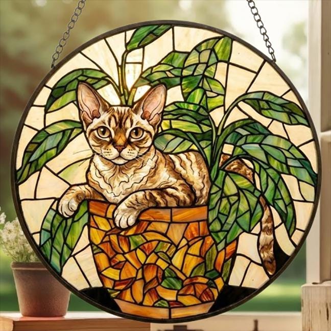 Custom Devon Rex cat Stained Glass Window Hanging for Plant Lovers, Cozy Sunlit Home and Garden Decor, gift for cat lover