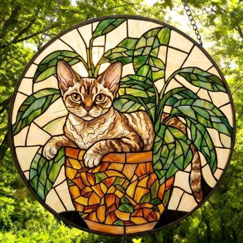 Custom Devon Rex cat Stained Glass Window Hanging for Plant Lovers, Cozy Sunlit Home and Garden Decor, gift for cat lover - image 3